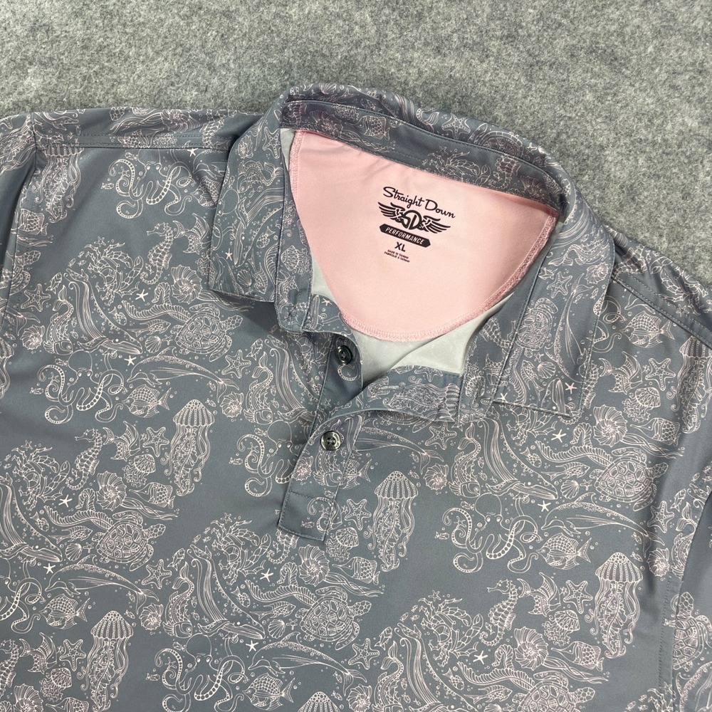 Straight Down Performance Mens Polo Shirt XL Blue Gray Sea Life Short Sleeve